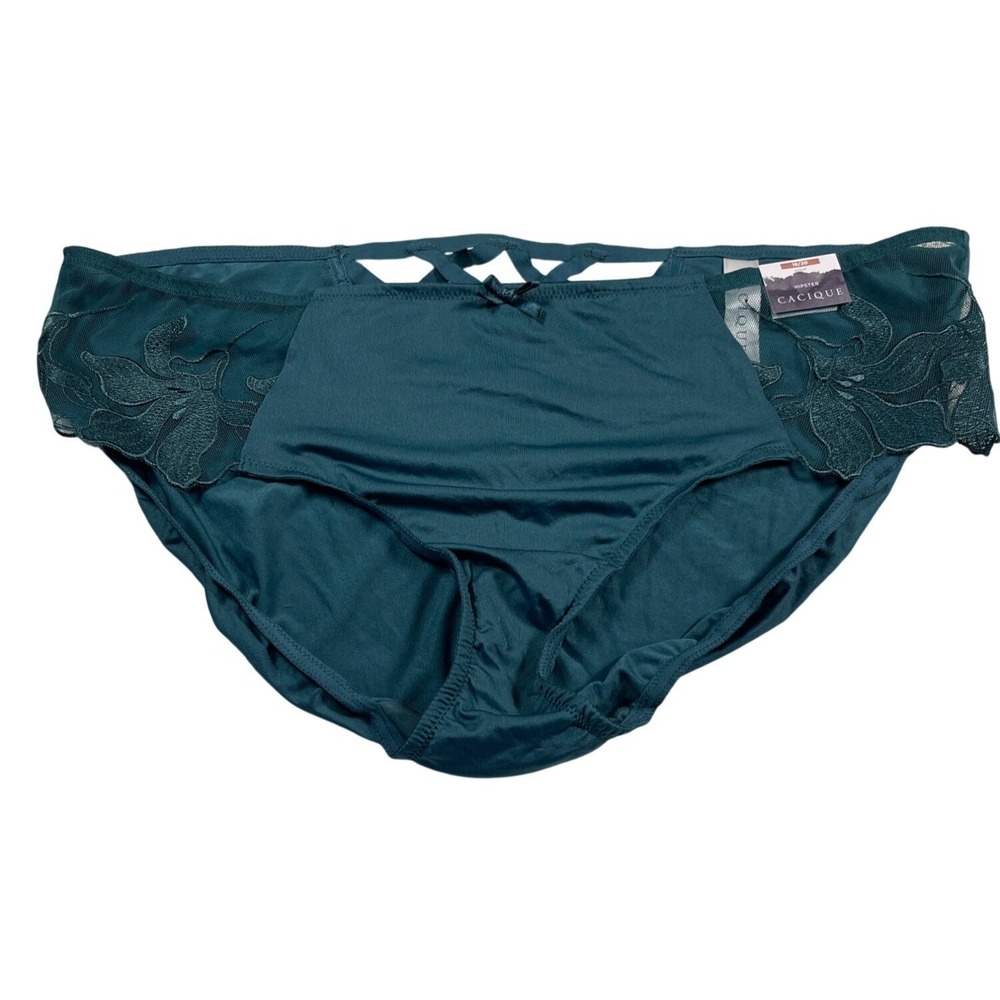 Cacique Womens Hipster Panties 18/20 Teal Lace Trim Crisscross Detail Nylon/Span